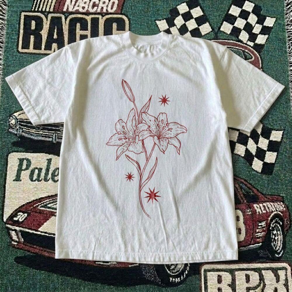 Red Lily Flower Line Art White Graphic Tee